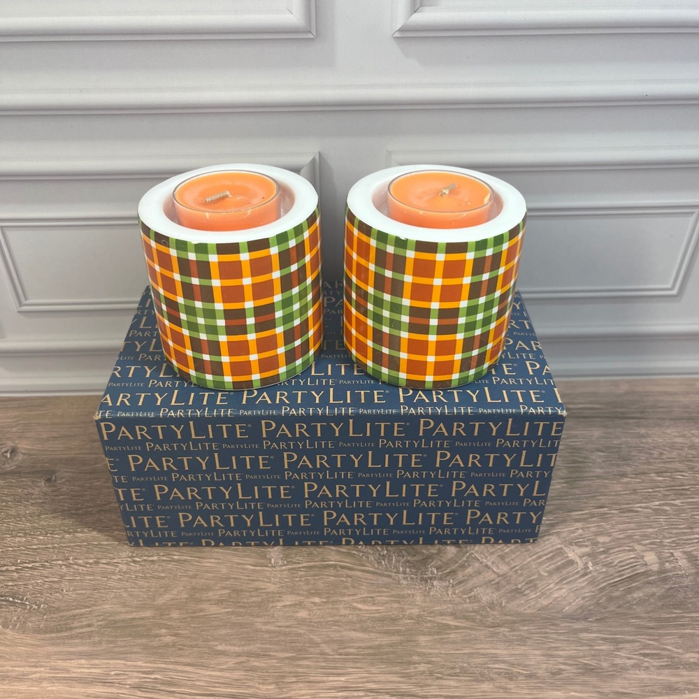 PartyLite Autumn Tartan Candle Holder Pair Orange Green Plaid P93330